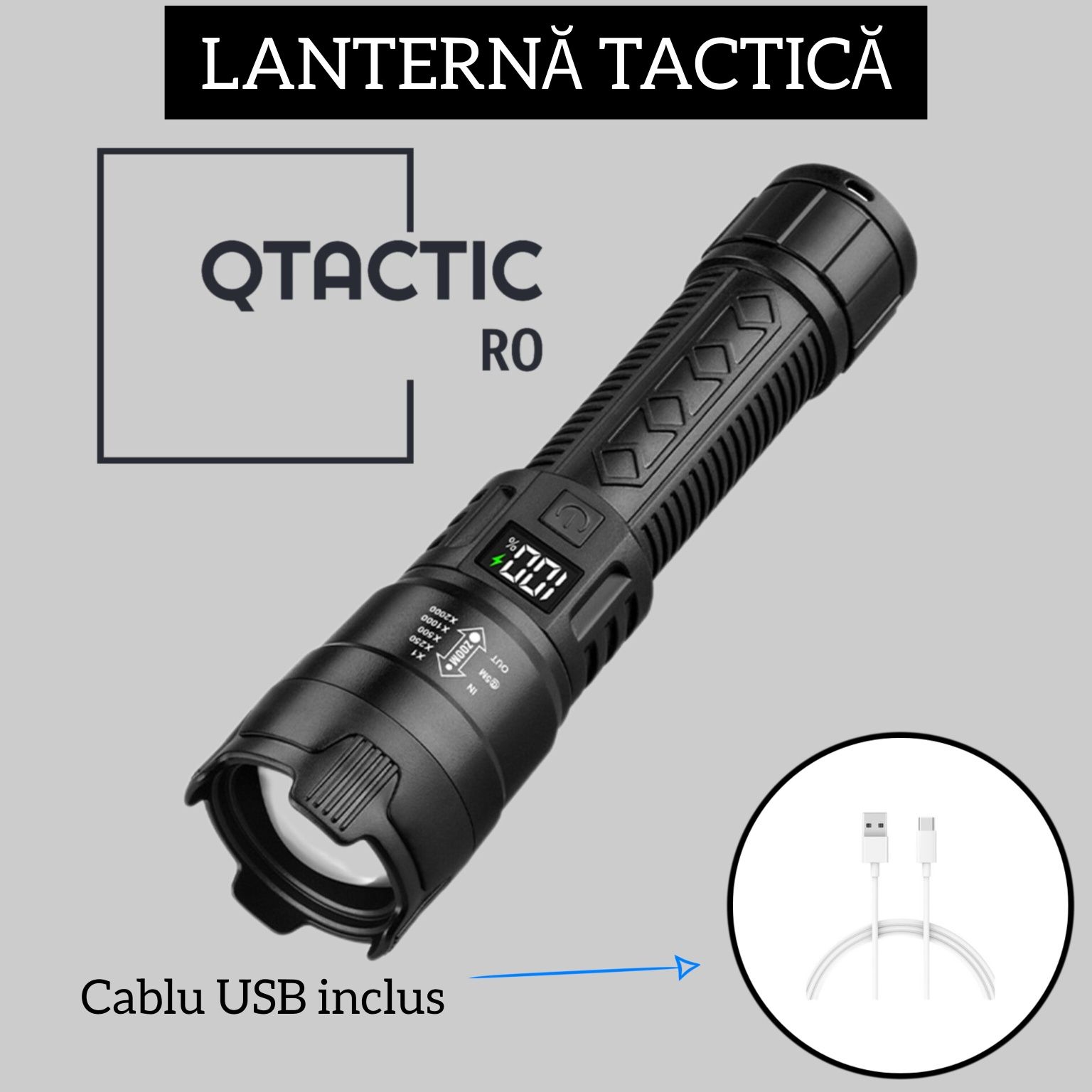 Lanternă LED Puternică cu Zoom, Afișaj Digital și Încărcare USB Type-C