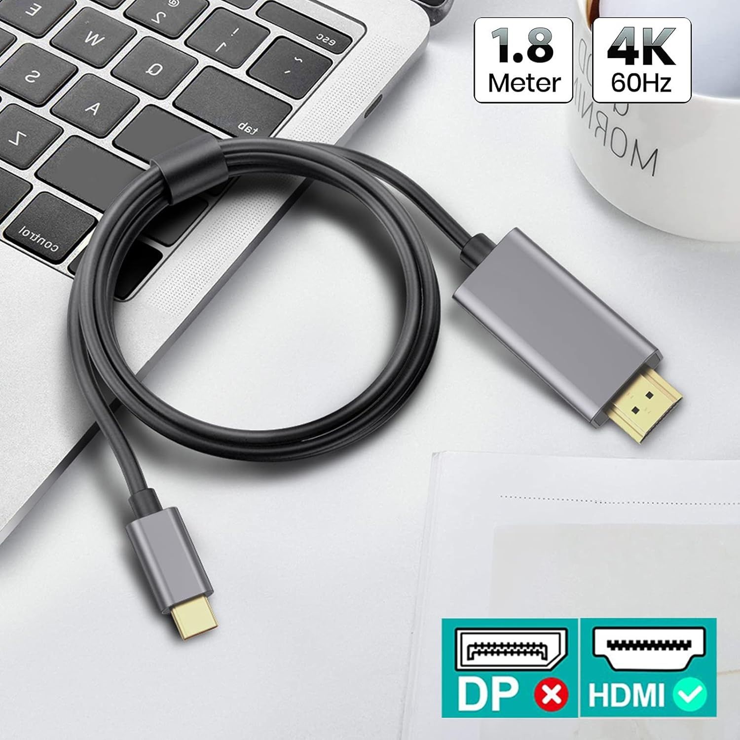 4K 60Hz USB C към HDMI кабел, 1,8 метра адаптер с позлатени конектори