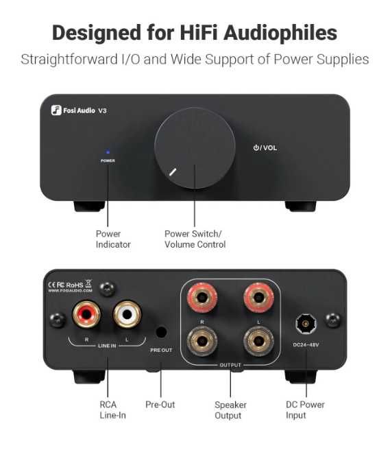 Fosi Audio V3 , 2x300 Watt , Hi-Fi Stereo Audio Amplifier