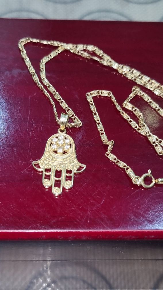 Золотой комплект. Кулон  рука фатимы с цепочкой 14k (585пр)