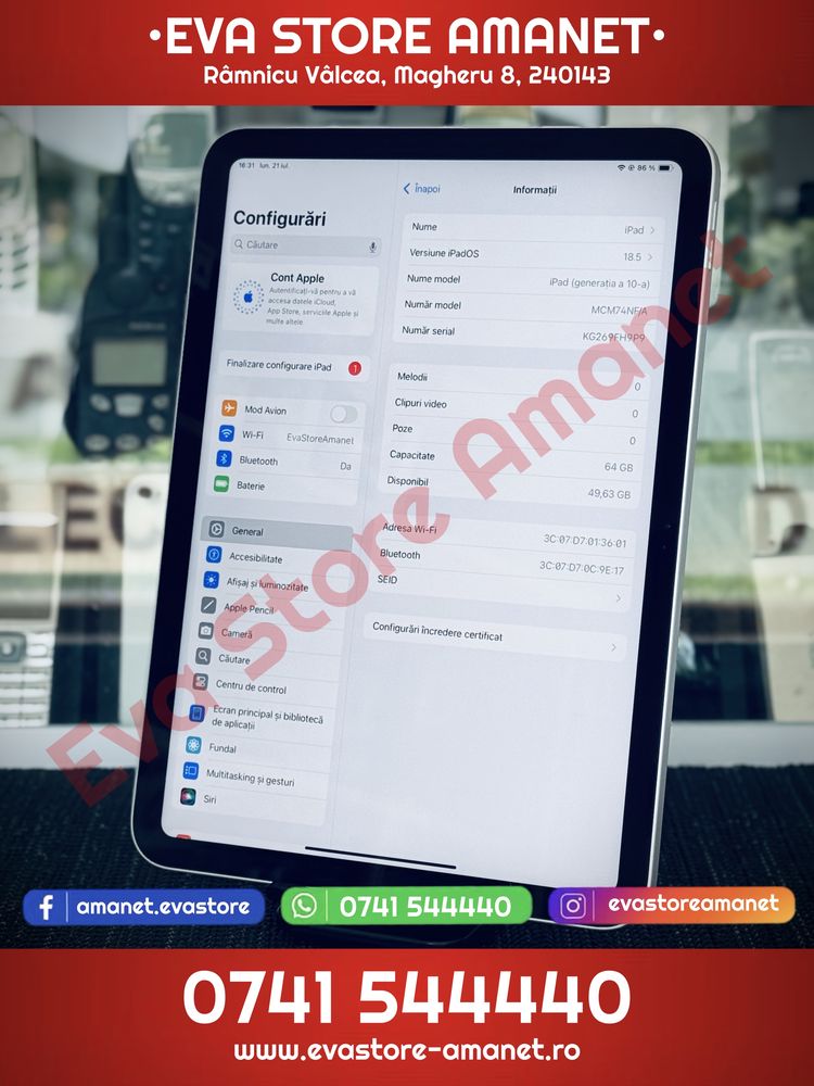 Apple iPad Generatia a 10-a 10.9” A2696 WiFi Silver 64GB Garantie