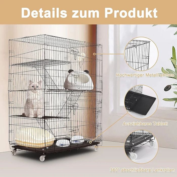 90х55х125см Голяма котешка клетка/ къща с 4 нива, стълбички и колела