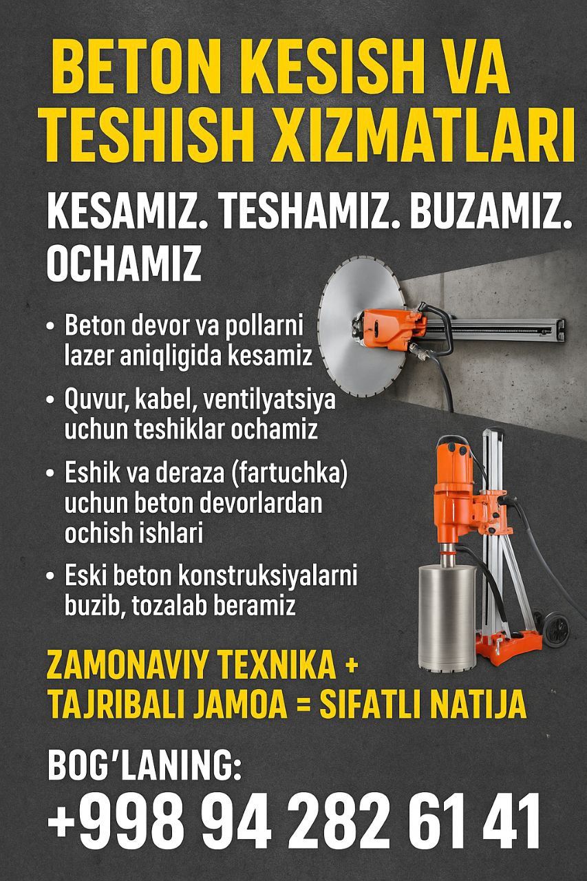 Beton kesish Eshik deraza fortichka ochish xizmatllari