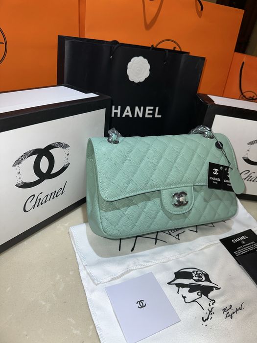 Geanta dama chanel 26cm verde menta cu accesorii argintii cadou c:83