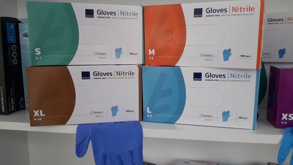Сини нитрилни ръкавици, без талк,100 броя кутия , размери S, М, Л, ХЛ