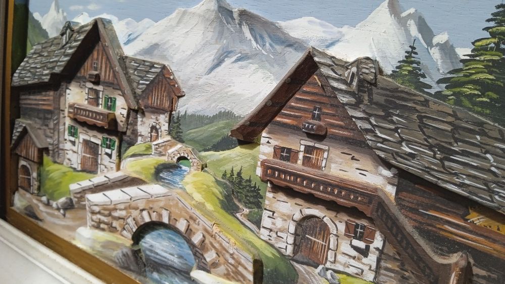 Tablou din lemn in relief 3D pictat/exacutat manual, peisaj din Alpi