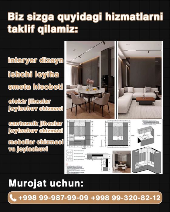 Arxetektura, ishchi loyiha, interyer dizayn, smeta hisoboti.