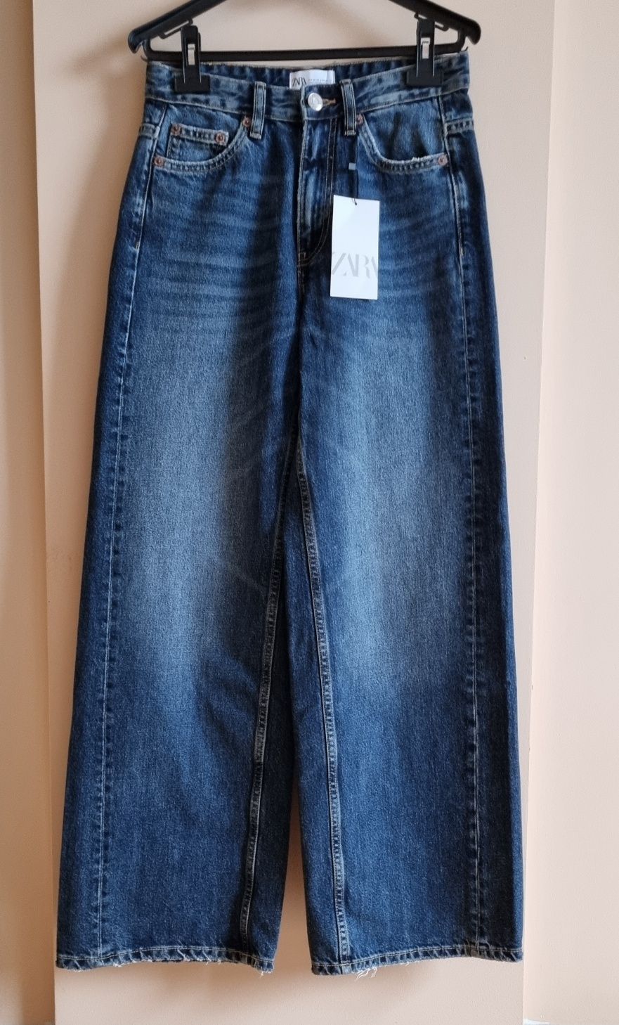 ZARA дънки 34/XS широк крачол сини navy blue wide leg средна талия