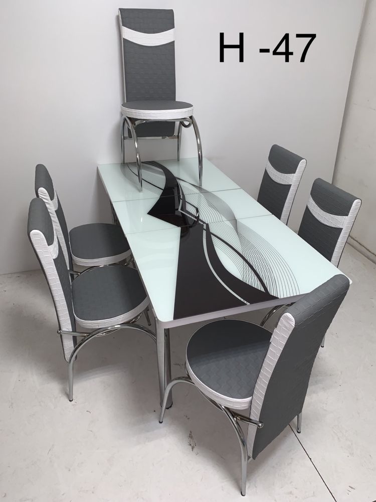 Комплект разтегателна маса +6 стола Маса с метални крака и закалено п