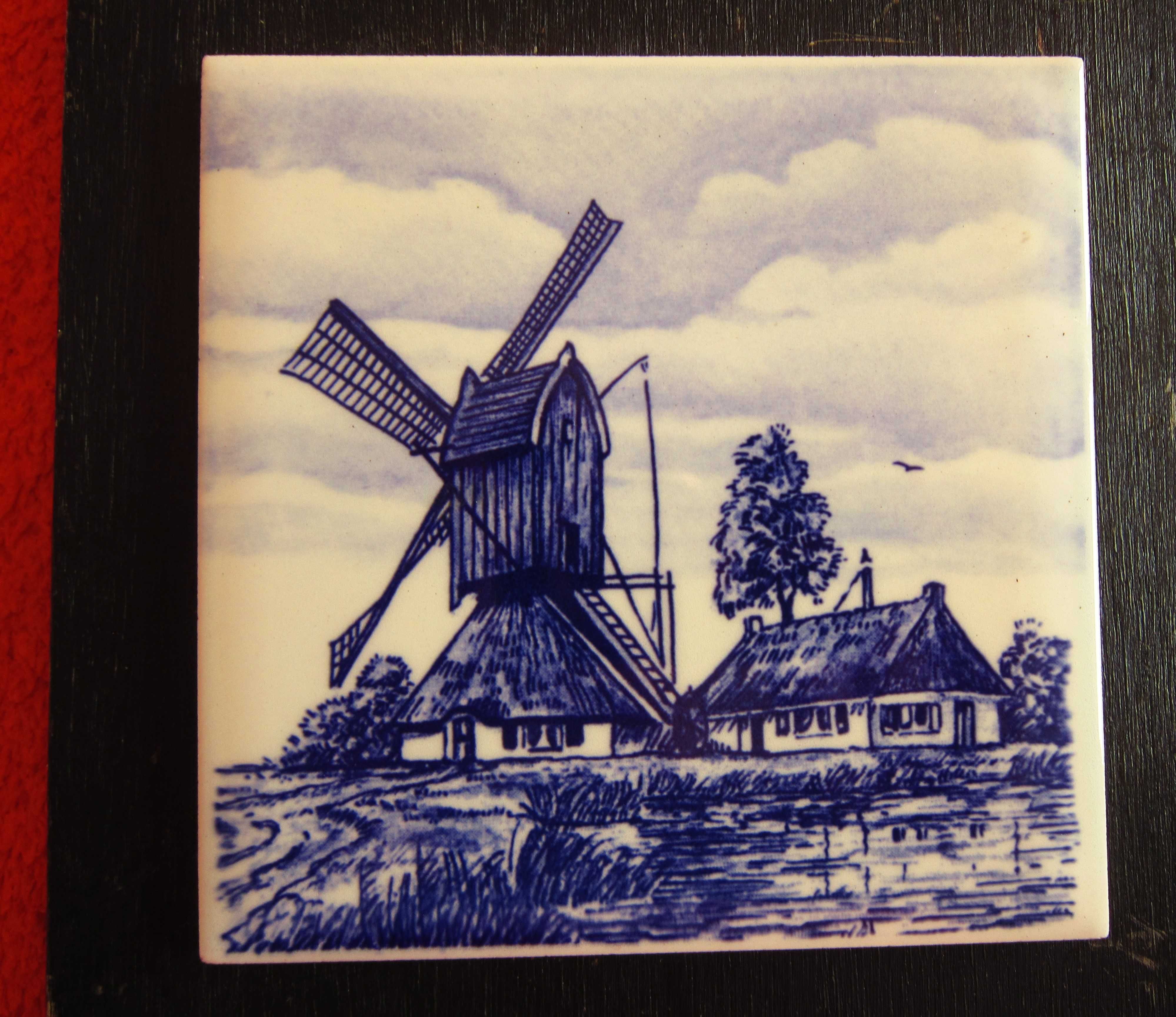 placa ceramica vintage peisaj moara de vant pictata manual Olanda