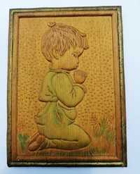 Стара Дървена Картина с Рамка - Момче - Дърворезба