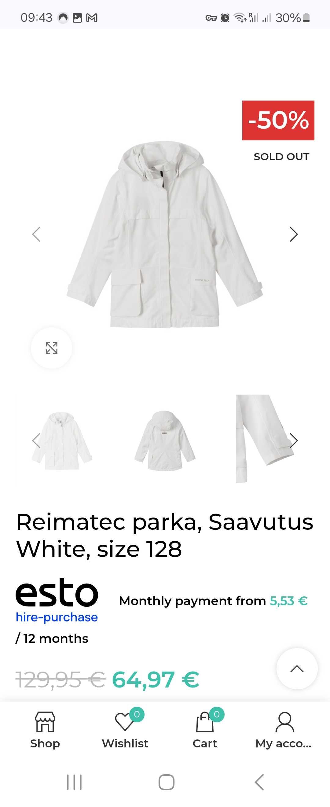 Детско яке парка Reima Reimatec Parka Saavutus, 146см, бяла, нова.