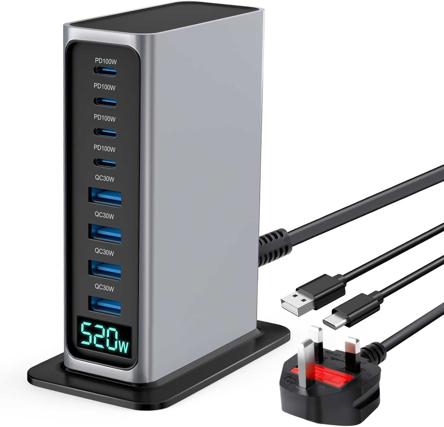 520W GaN станция за бързо зареждане, 4×USB-C (100W) и 4×USB-A (30W)
