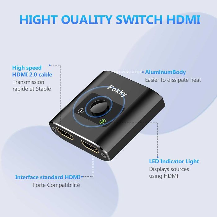 Fokky HDMI Switch/Splitter 4K 60Hz – двуканален алуминиев HDMI адаптер