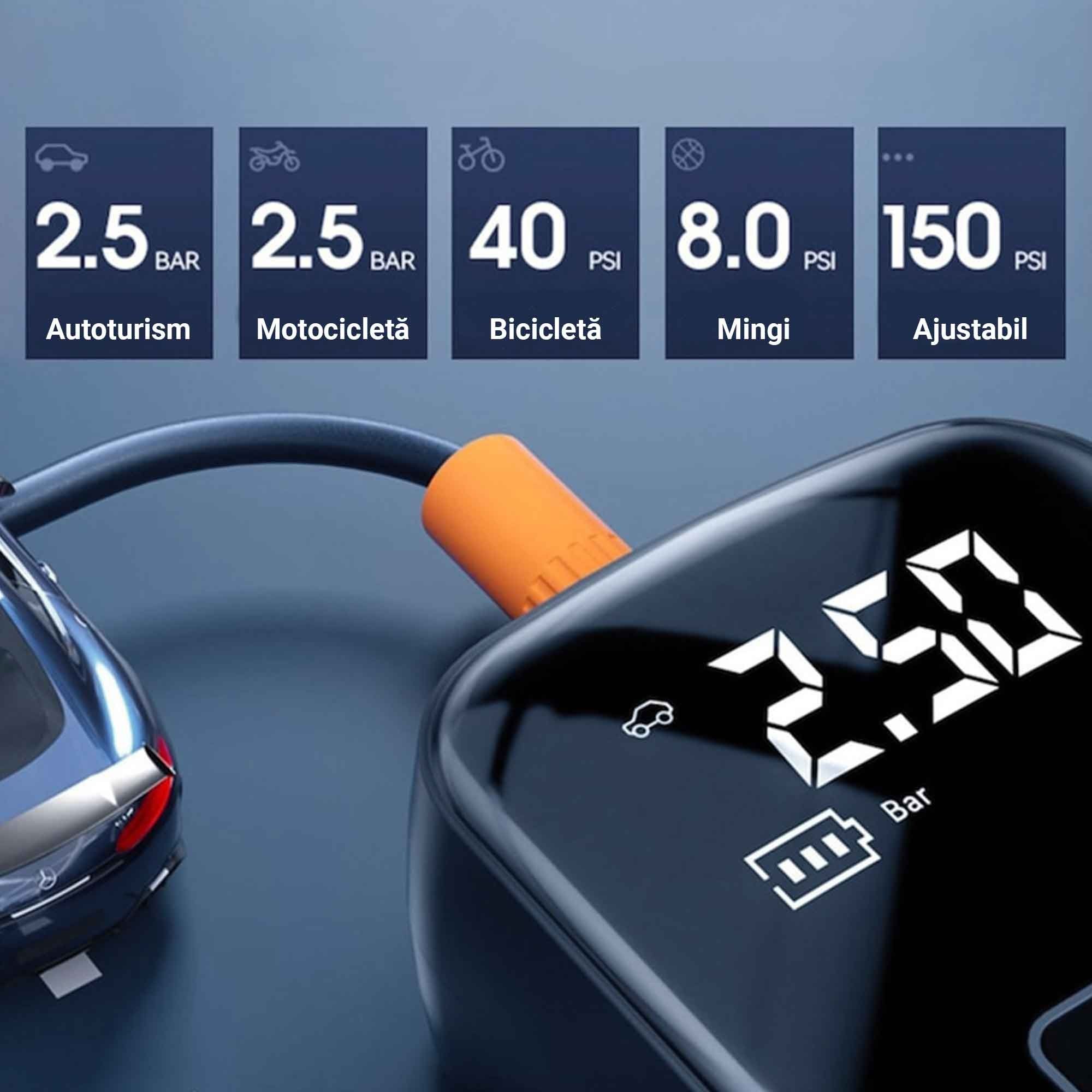 Compresor auto cu acumulator, 150 PSI, Afisaj digital, Lanterna, USB C