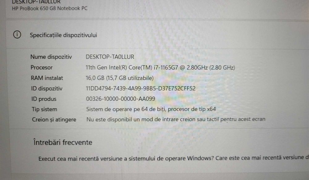 Okazie Laptop HP i7 gen 11 cu 16Gb ram + SSD la 1500lei Model 2025