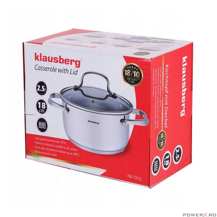 Oala din inox cu capac din sticla, 18cm 2,5litri, compatibila cu toate