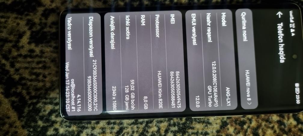 HUAWEI nova 8 xotira 128/8 kar dak bor  narx  1 mln 800