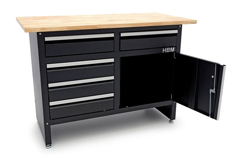 Banc de lucru metalic 120 cm cu 5 sertare 1 usa si blat din lemn masiv