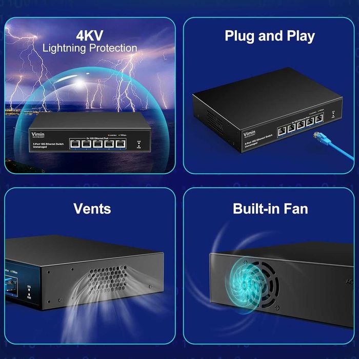 Switch Ethernet VIMIN VM-S100-0500T 10G 5 porturi,NAS 10G,Plug & Play