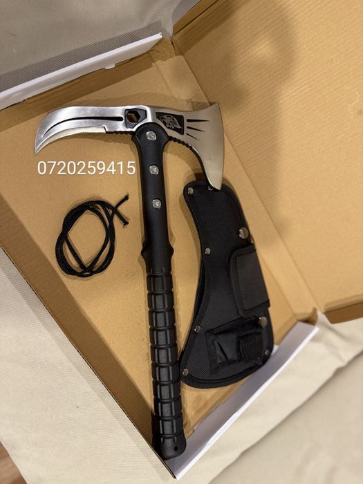 Topor tactic cu 2 taisuri pentru camping si drumetii otel, teaca