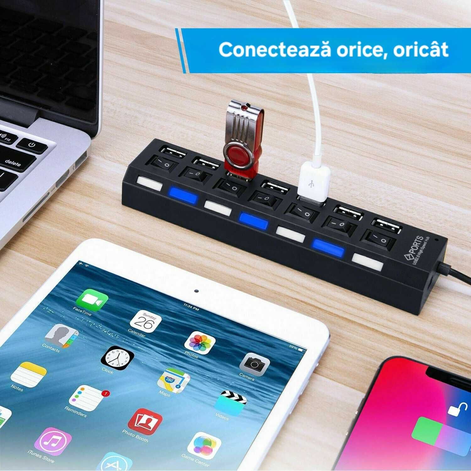 Hub USB cu 7 porturi, butoane individuale, hi speed, LED, cablu 30cm