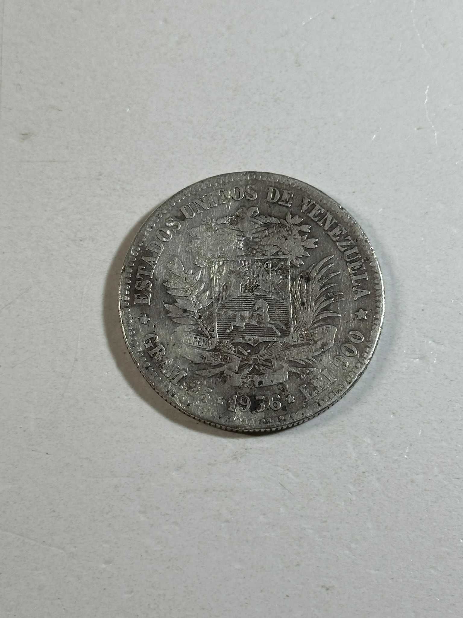 MONEDA ARGINT 900 - 5 BOLIVARES - 1936 - Venezuela - 25g. - 5lei/gr. !