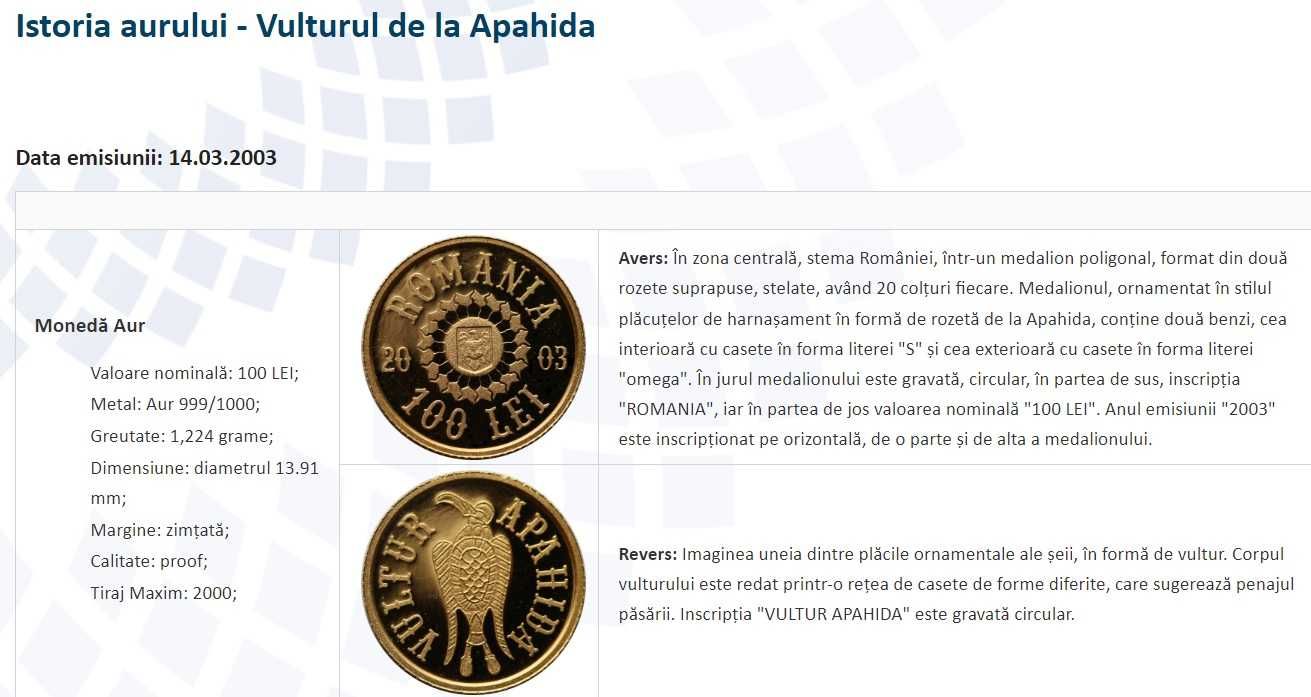 Moneda istoria aurului BNR Vulturul de la Apahida, gradata NGC PF 69