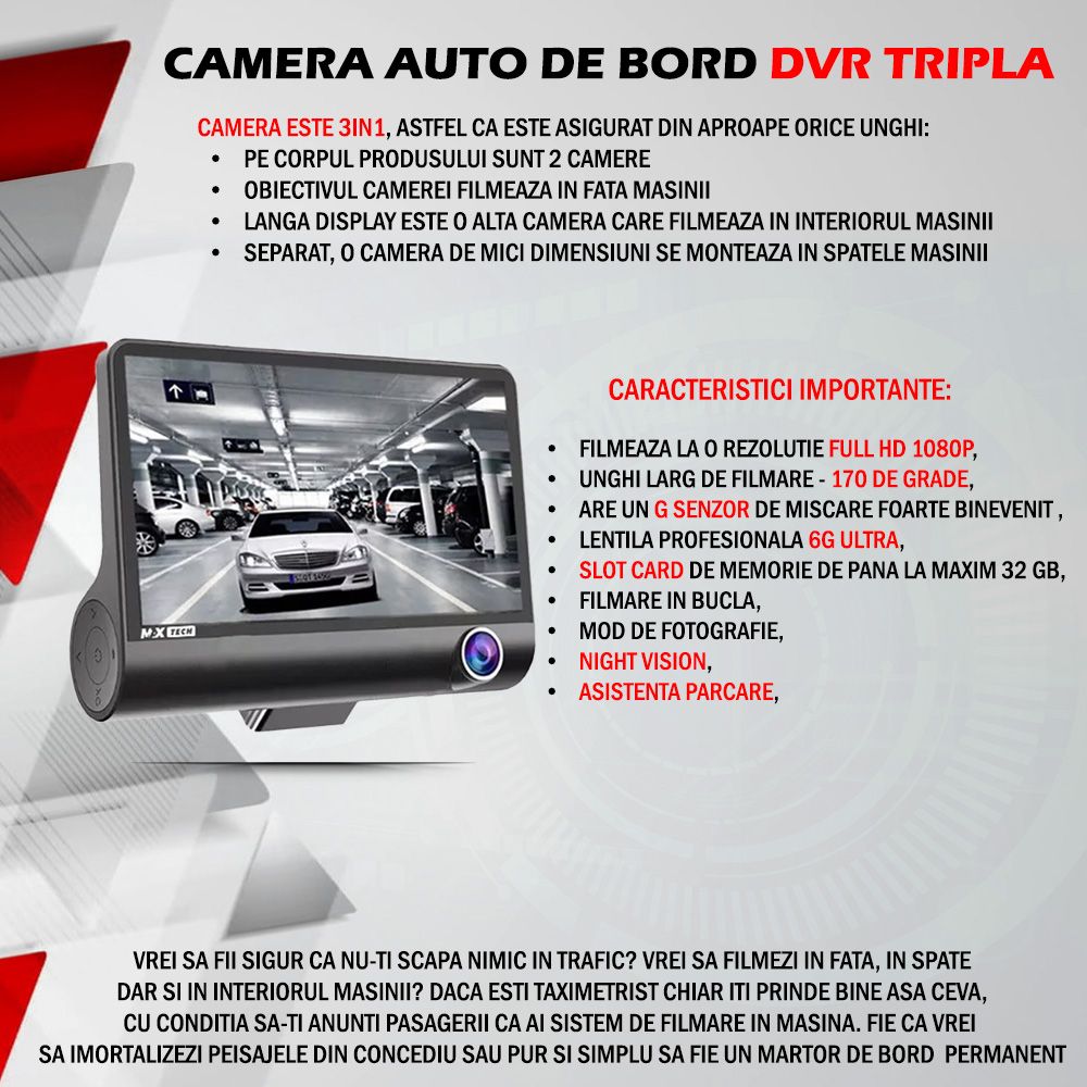 Camera auto de bord DVR Tripla Fata Spate Interior FULL-HD 1080p