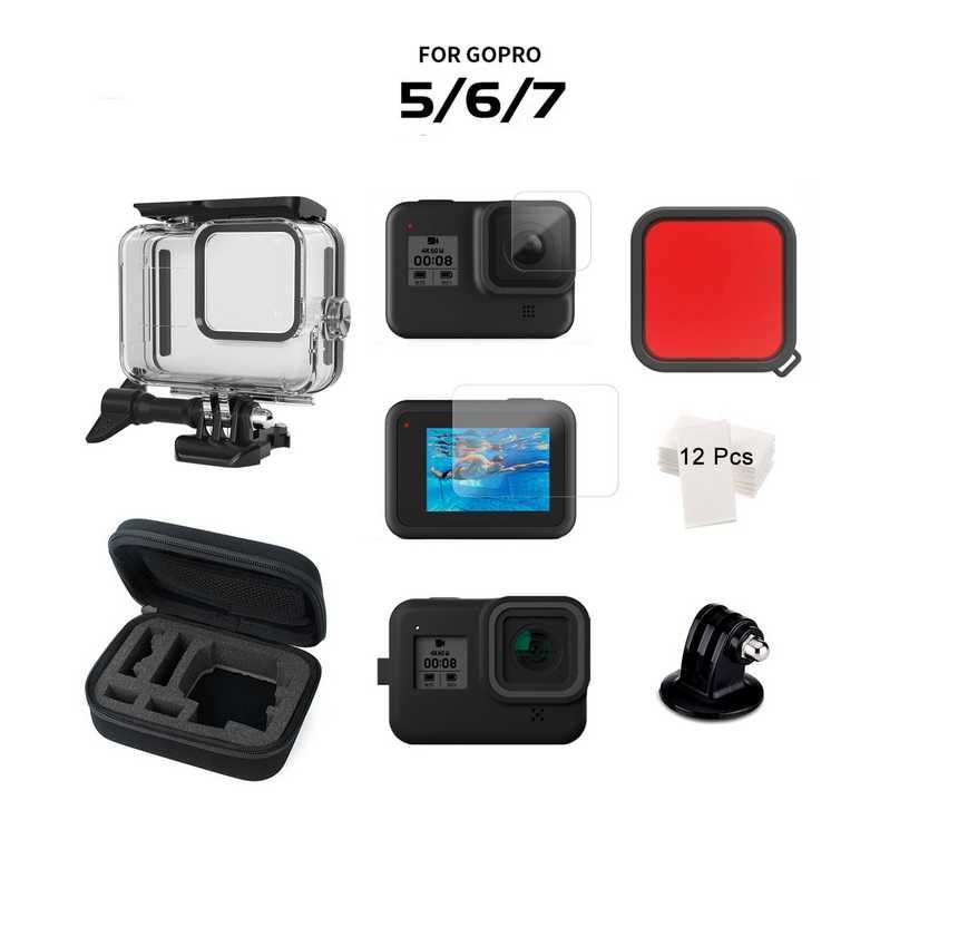 Set accesorii GoPro Hero 5 6 7 carcasa subacvatica 45m, husa, folie