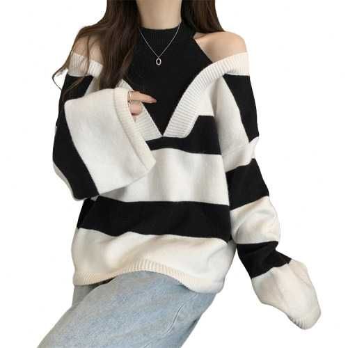 Hanorac oversize cu maneci lungi si croiala lejera, alb-negru