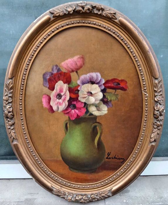 Tablou vechi - anemone in vaza verde - semnat Luchian