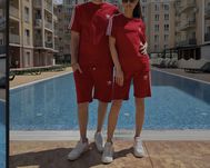 Compleu unisex bumbac pe cusături, rosu negru turcoaz închis,