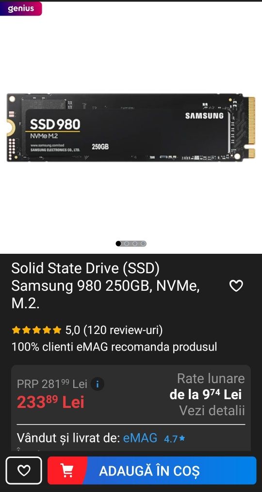 Samsung ssd 980 NVMe'M2 250Gb