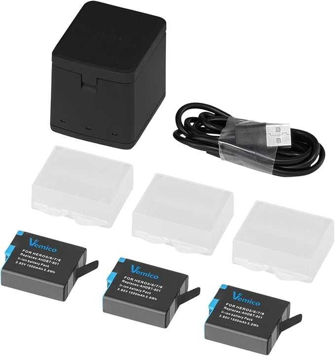 Комплект зарядни устройства Vemico Hero 8 и  3 броя батерии, 1500 mAh