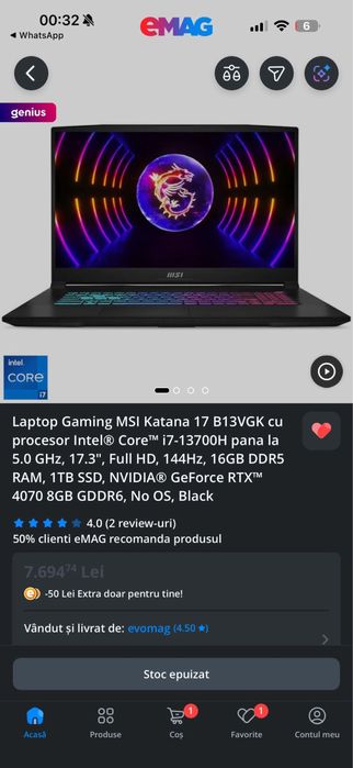 Laptop Gaming MSI Katana 17 B13VGK, procesor I7-13700H , full HD, 1TB