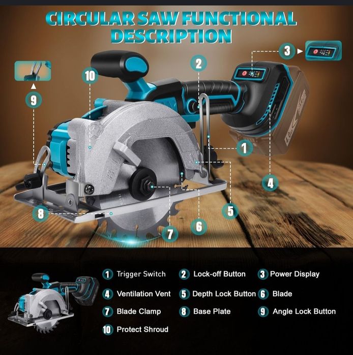 Fierăstrău circular fără fir compatibil cu baterie litiu Makita de 18V