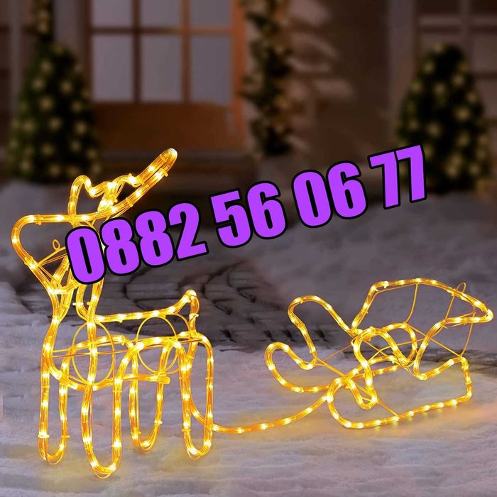 Коледен елен с шейна топло бяла светлина, светещ елен, коледна украса