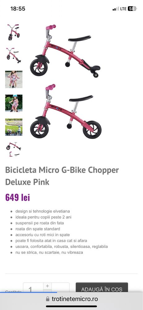 Bicicleta fara pedale Micro G-Bike Chopper Deluxe Pink