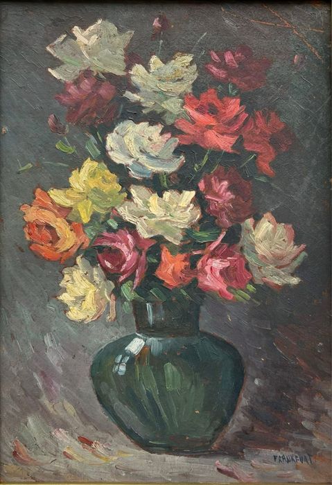 Tablou anii 40-50 vas cu flori trandafiri pictura ulei inramat 43x58cm