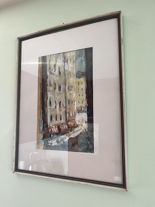 Антикварна Картина в рамка със стъкло акварел пазар градски етюд