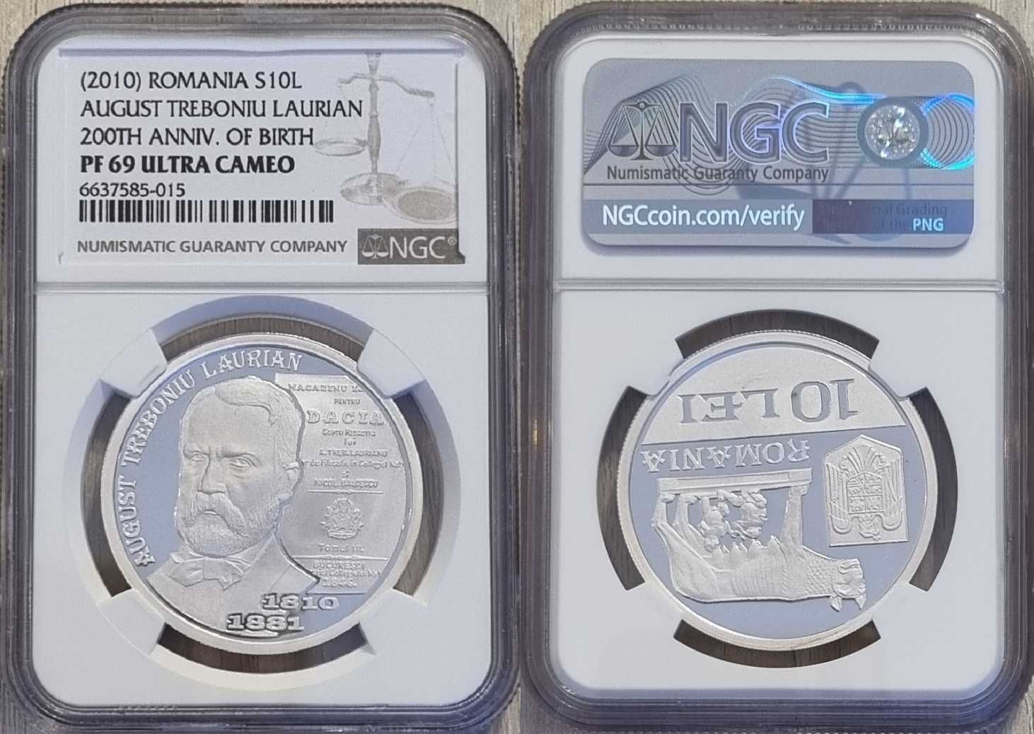 Moneda BNR 10 lei argint August T Laurian gradata NGC PF 69 UC Top Pop