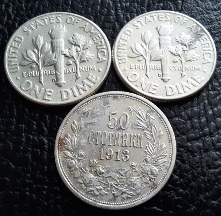 Стари сребърни монети даймове 1964 г.  САЩ  и 50 ст. 1913 г. БГ - топ