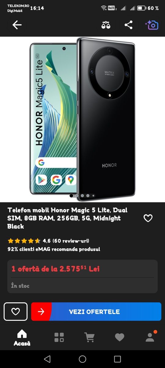 Honor magic 5 lite, 256 rom 8+ 8 ram turbo