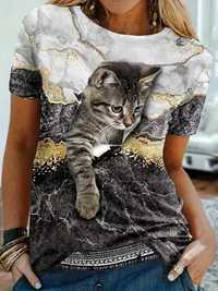 Тениска с котка и мраморен принт