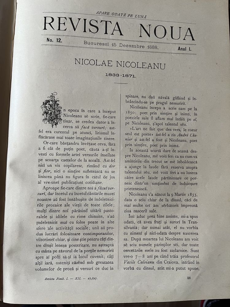 Revista Nouă, Anul I , 1888 Hasdeu , Princeps , Carte Veche