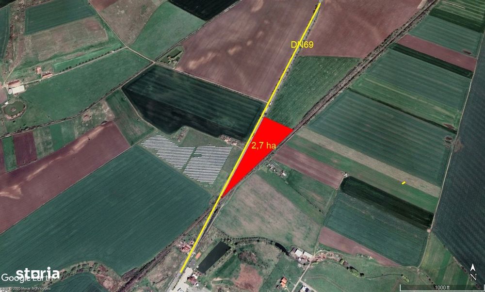 2,7 ha teren arabil cu front mare la sosea, la intrare in Sagu