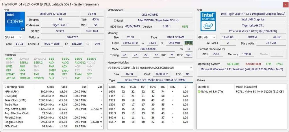 Лаптоп Dell Latitude 5521 (i7, 32GB RAM, 512GB SSD, 15.6-инчов)