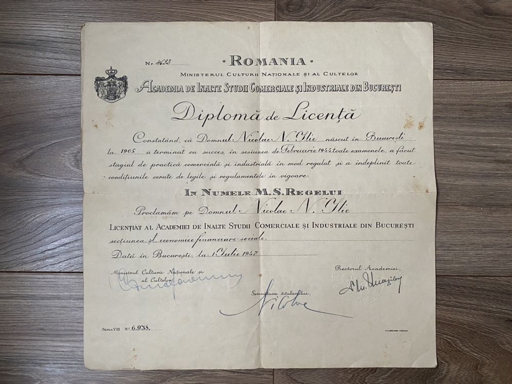Diploma de licenta Academia de Inalte Studii Comerciale 1944