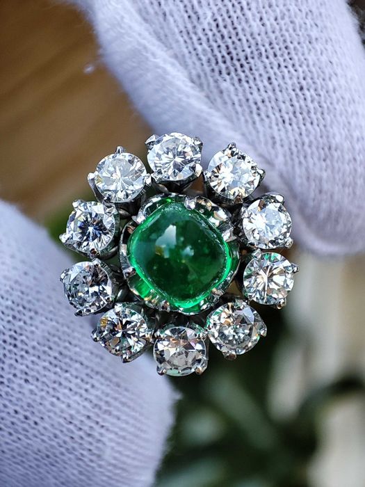 Inel aur alb 18k cu diamante si Smarald Diamant Natural Unicat